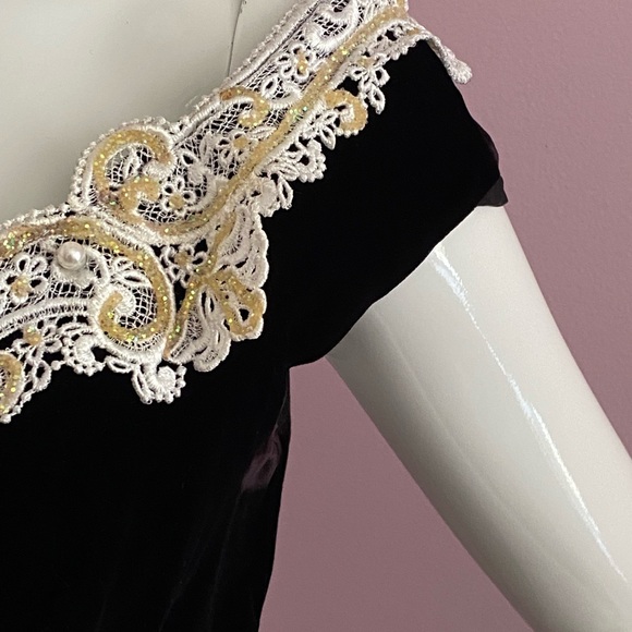 Vintage 80s Black Velvet Lace Gown StraplessOff-Shoulder Zum Zum Sheath Black - Picture 4 of 12